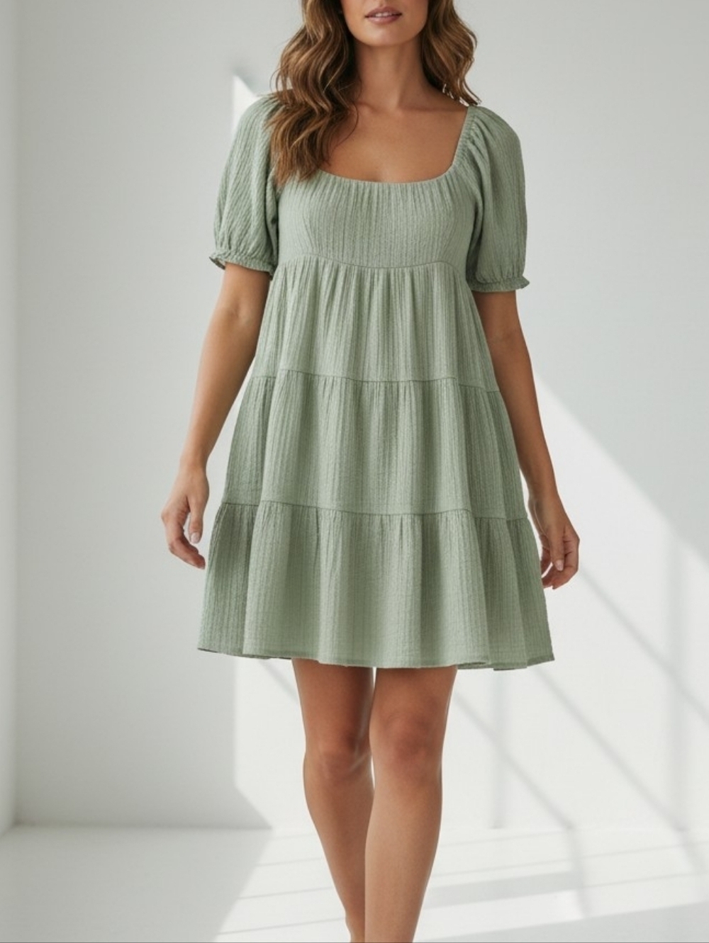 Every Square Neck Tiered Mini Dress With Puff Sleeve In Sage Green Stripe Size S